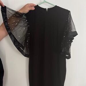 SHEIN Black Asymmetrical Dress with Sheer Embellished Sleeves Midi